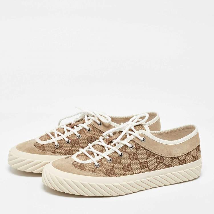 Pre Owned Gucci Gucci Brown/Beige GG Canvas and Suede Sneakers Size 42