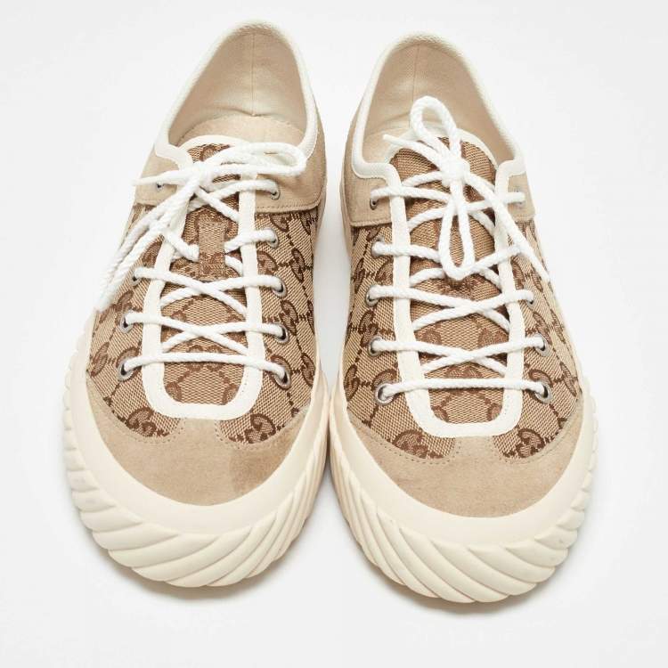 Pre Owned Gucci Gucci Brown/Beige GG Canvas and Suede Sneakers Size 42