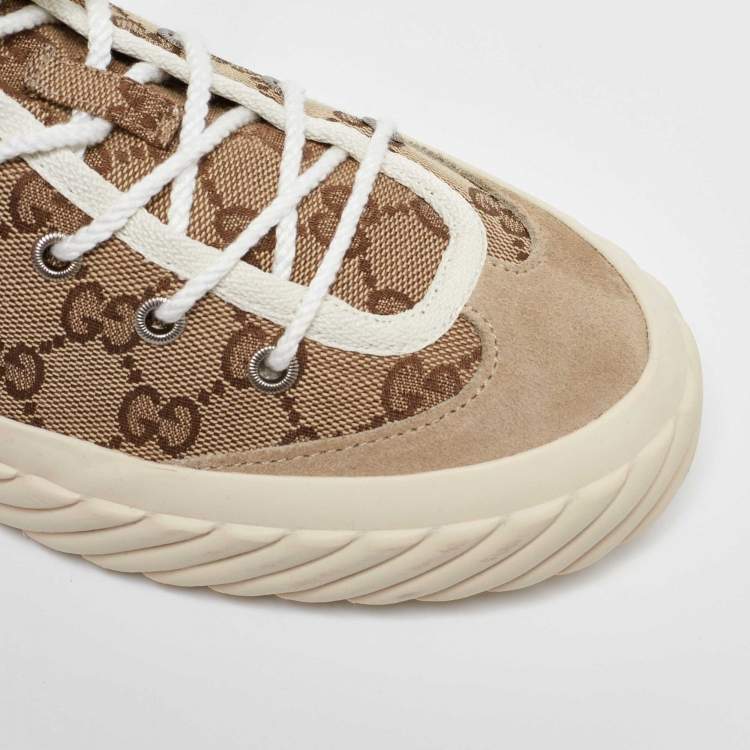 Pre Owned Gucci Gucci Brown/Beige GG Canvas and Suede Sneakers Size 42