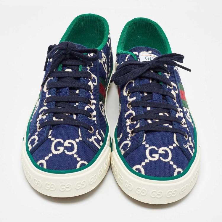 Pre Owned Gucci Blue Canvas Web Tennis 1977 Sneakers Size 43.5