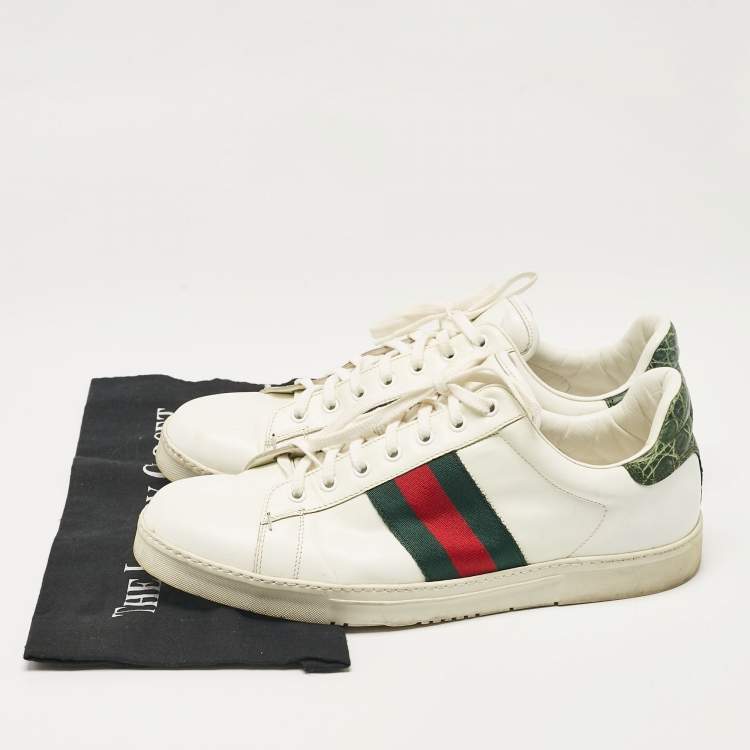 Pre Owned Gucci White/Green Alligator Leather and Leather Ace Lace Up Sneakers Size 43.5