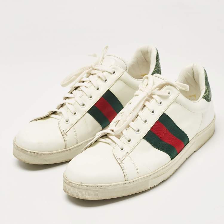 Pre Owned Gucci White/Green Alligator Leather and Leather Ace Lace Up Sneakers Size 43.5
