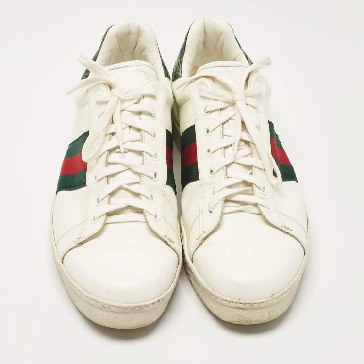 Pre Owned Gucci White/Green Alligator Leather and Leather Ace Lace Up Sneakers Size 43.5