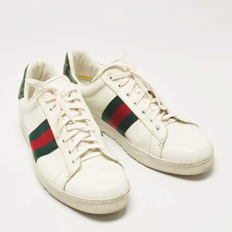 Pre Owned Gucci White/Green Alligator Leather and Leather Ace Lace Up Sneakers Size 43.5