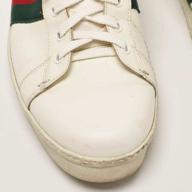 Pre Owned Gucci White/Green Alligator Leather and Leather Ace Lace Up Sneakers Size 43.5