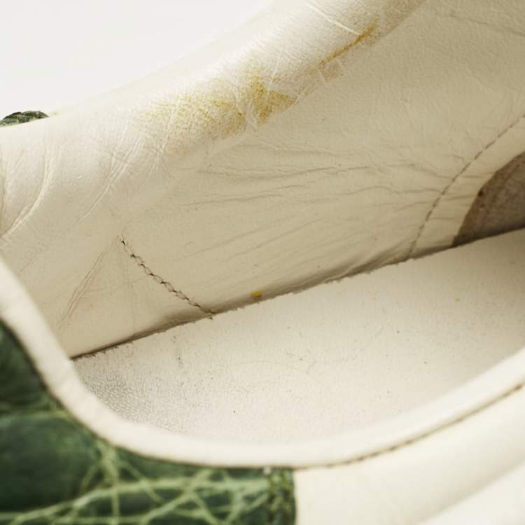 Pre Owned Gucci White/Green Alligator Leather and Leather Ace Lace Up Sneakers Size 43.5