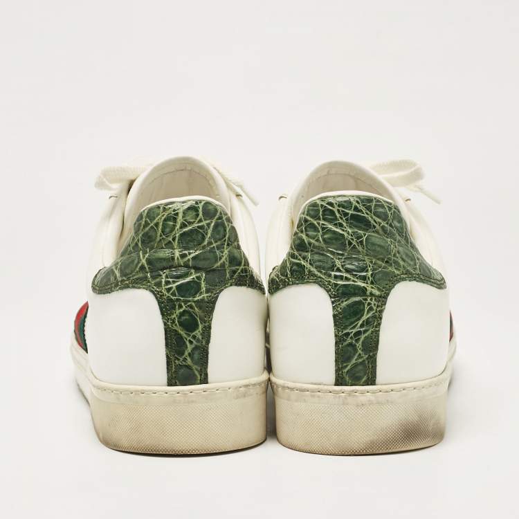 Pre Owned Gucci White/Green Alligator Leather and Leather Ace Lace Up Sneakers Size 43.5