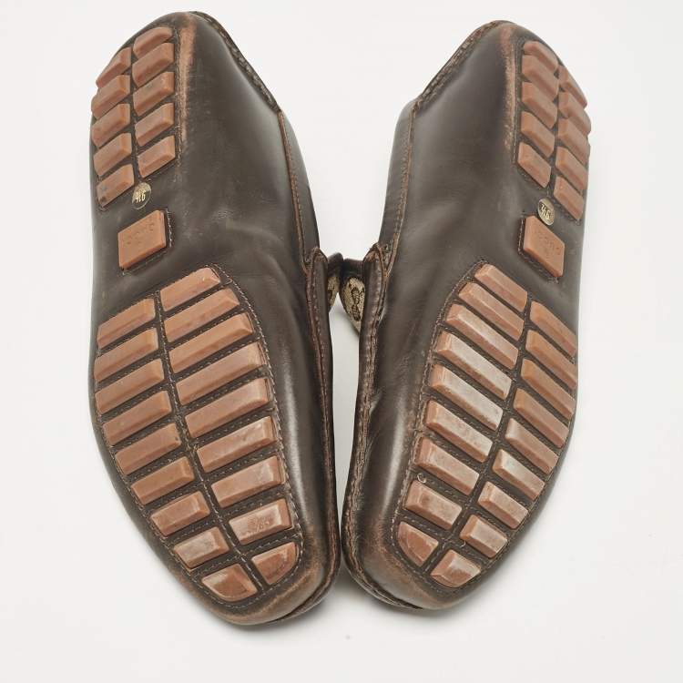 Pre Owned Gucci Brown/Beige Canvas And Leather Slip On Loafers Size 43.5