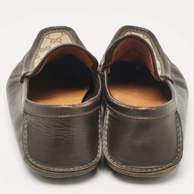 Pre Owned Gucci Brown/Beige Canvas And Leather Slip On Loafers Size 43.5