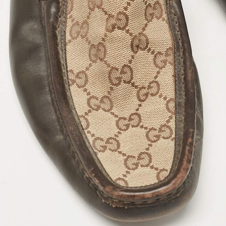 Pre Owned Gucci Brown/Beige Canvas And Leather Slip On Loafers Size 43.5