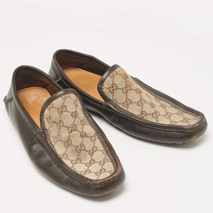 Pre Owned Gucci Brown/Beige Canvas And Leather Slip On Loafers Size 43.5