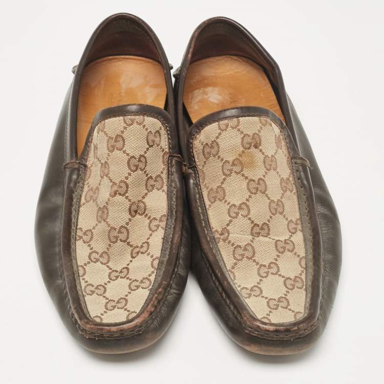 Pre Owned Gucci Brown/Beige Canvas And Leather Slip On Loafers Size 43.5