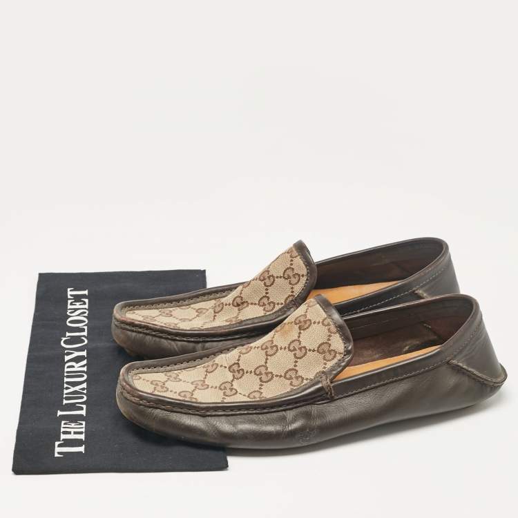 Pre Owned Gucci Brown/Beige Canvas And Leather Slip On Loafers Size 43.5