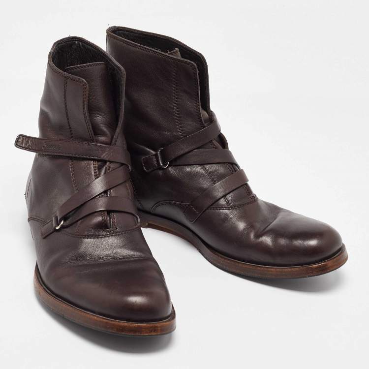 Pre Owned Gucci Dark Brown Leather Ankle Length Boots Size 41