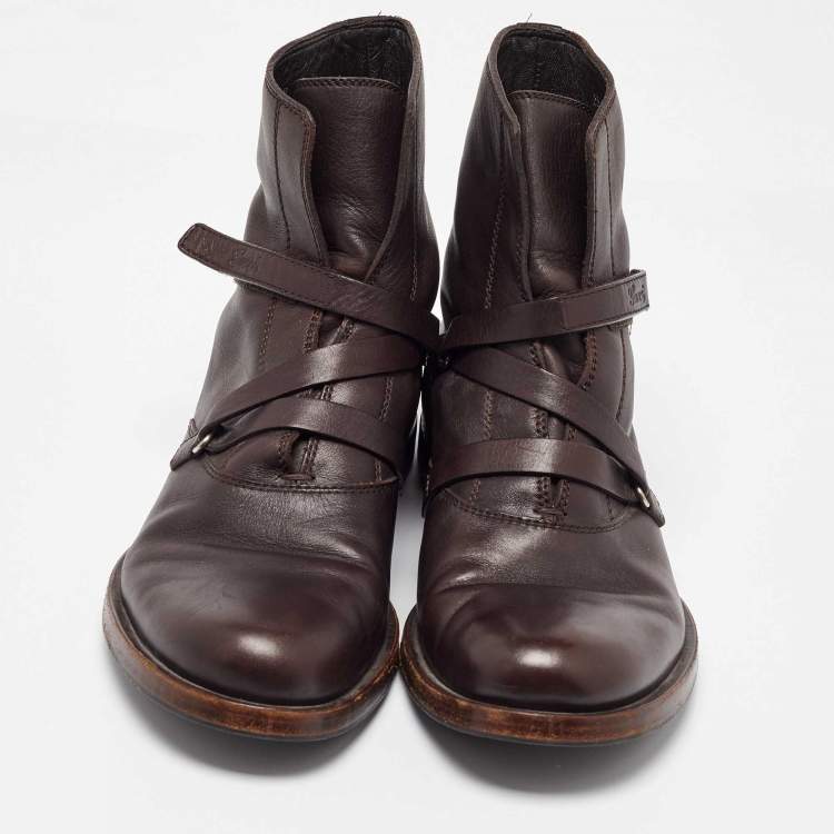 Pre Owned Gucci Dark Brown Leather Ankle Length Boots Size 41