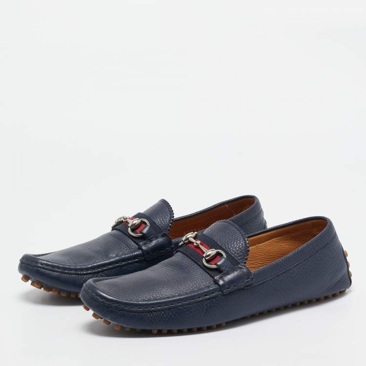 Pre Owned Gucci Navy Blue Leather Horsebit Loafers Size 42.5