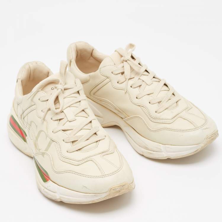 Pre Owned Gucci Cream Leather Rhyton Lace Up Sneakers Size 44