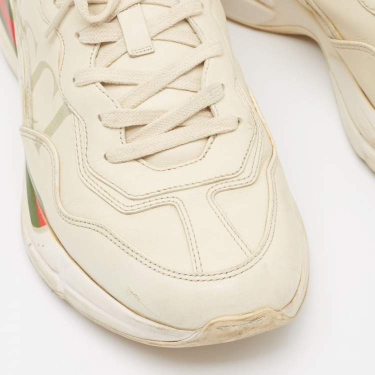 Pre Owned Gucci Cream Leather Rhyton Lace Up Sneakers Size 44