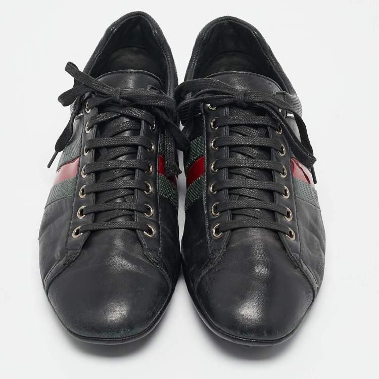 Pre Owned Gucci Black Leather Web Low Top Sneakers Size 41