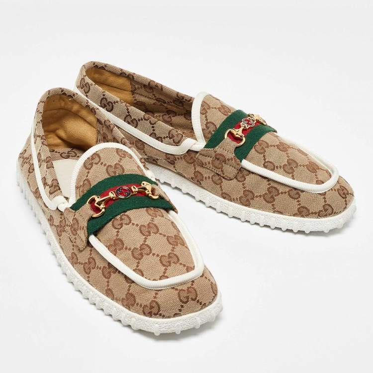 Pre Owned Gucci Beige GG Canvas Horsebit Web Driver Loafers Size 42.5
