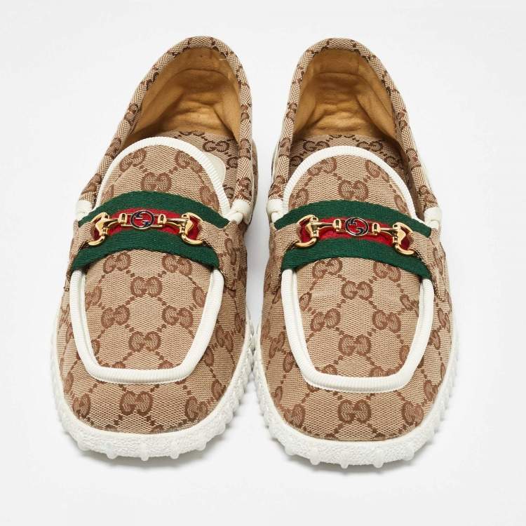 Pre Owned Gucci Beige GG Canvas Horsebit Web Driver Loafers Size 42.5