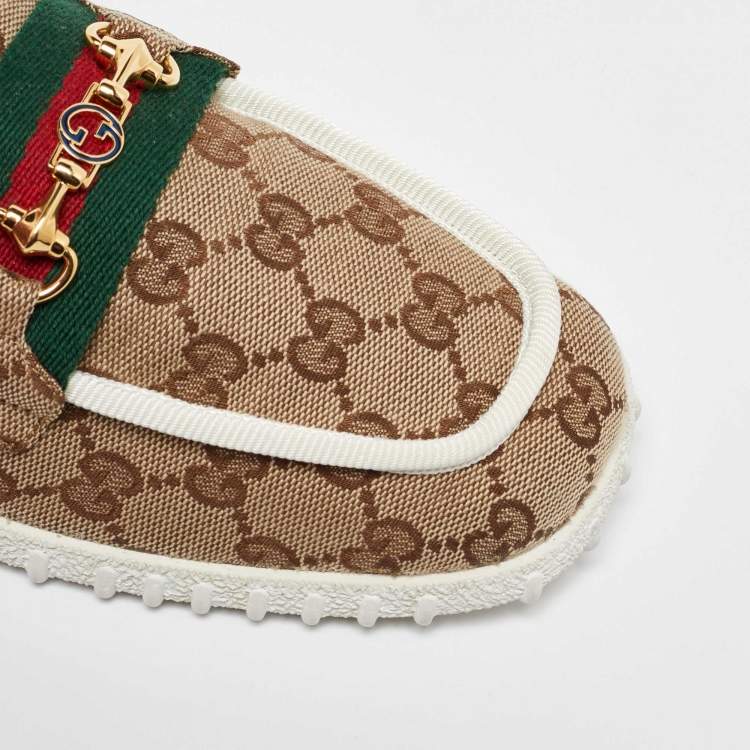 Pre Owned Gucci Beige GG Canvas Horsebit Web Driver Loafers Size 42.5