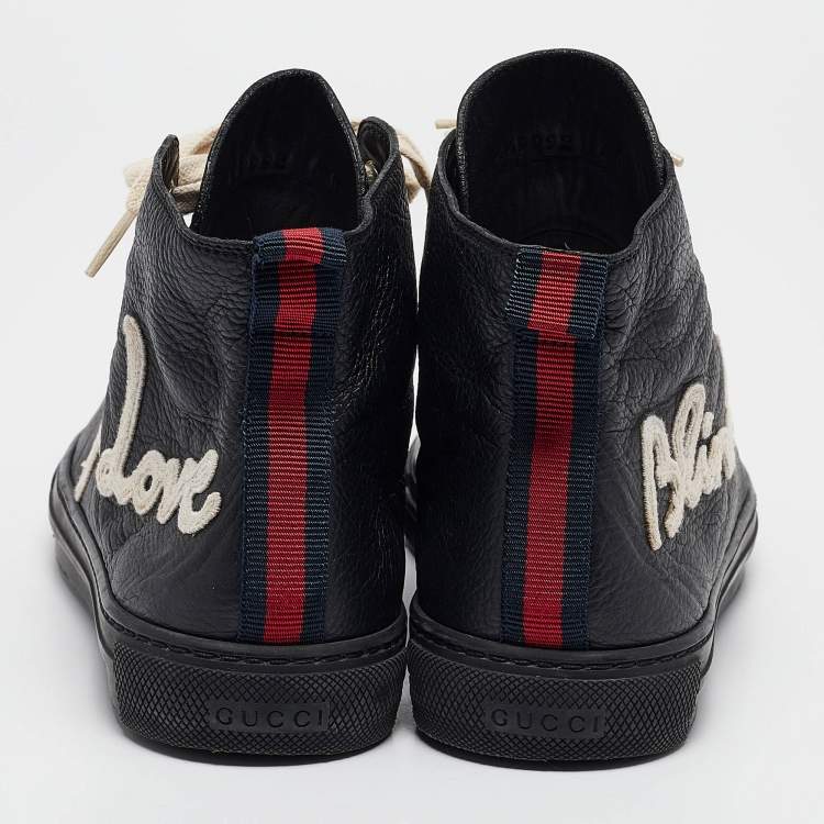 Pre Owned Gucci Black Leather Web High Top Sneakers Size 40