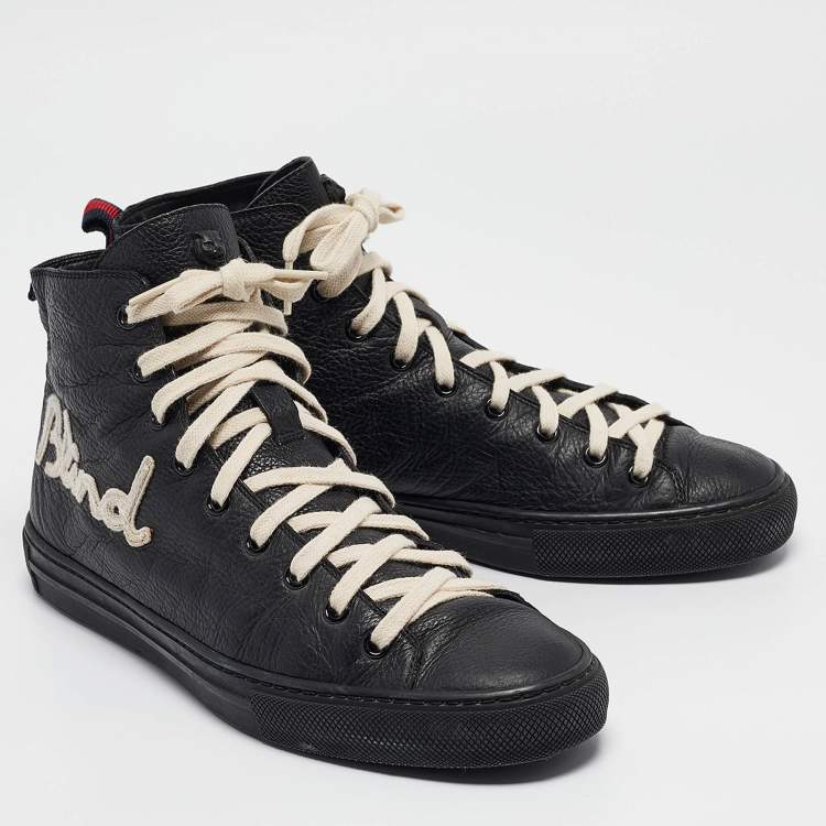 Pre Owned Gucci Black Leather Web High Top Sneakers Size 40