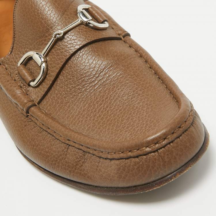 Pre Owned Gucci Brown Leather Horsebit Loafers Size 44.5