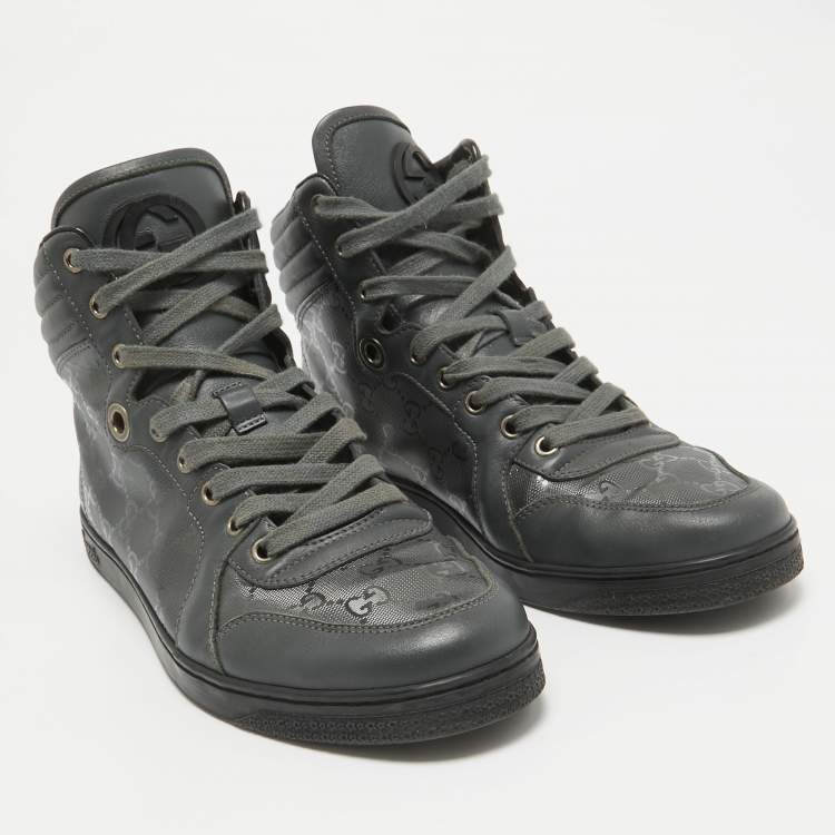 Pre Owned Gucci Grey Canvas and Leather High Top Sneakers Size 41.5