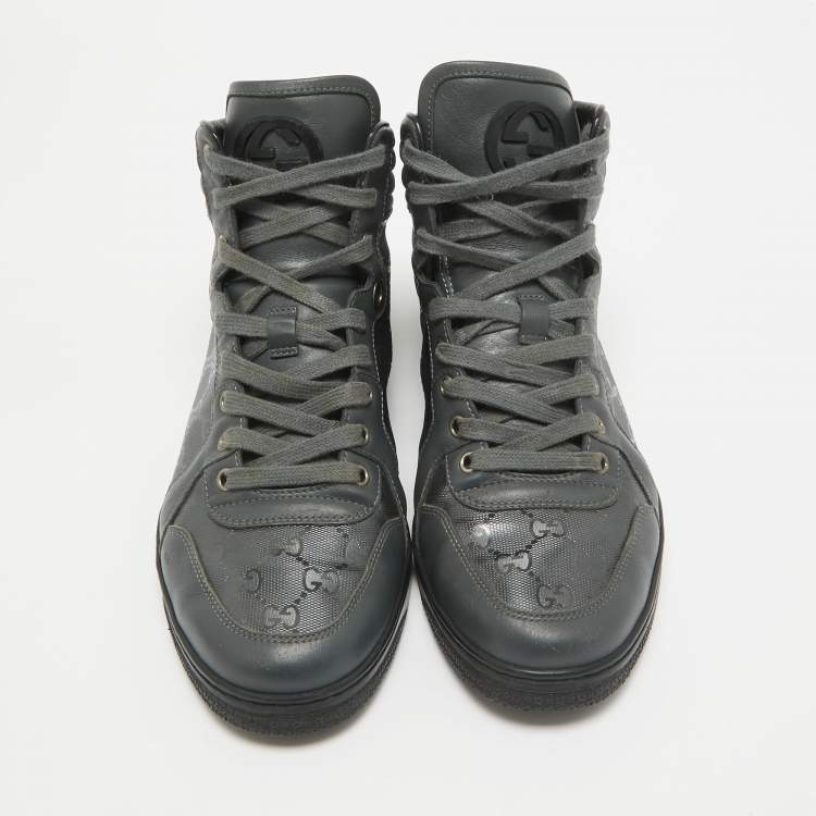 Pre Owned Gucci Grey Canvas and Leather High Top Sneakers Size 41.5