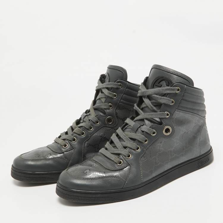 Pre Owned Gucci Grey Canvas and Leather High Top Sneakers Size 41.5