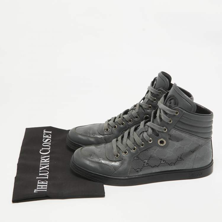 Pre Owned Gucci Grey Canvas and Leather High Top Sneakers Size 41.5