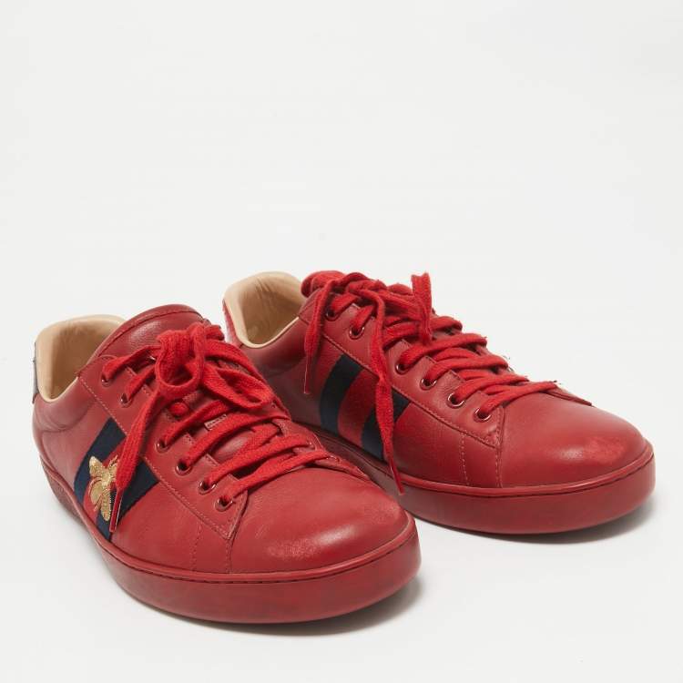 Pre Owned Gucci Red Leather Web Ace Sneakers Size 44.5