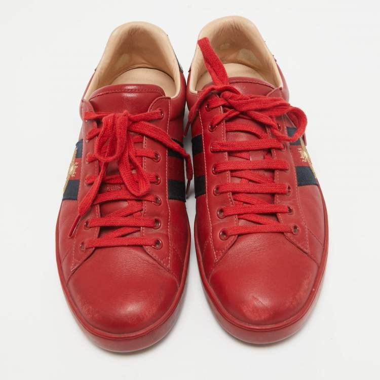 Pre Owned Gucci Red Leather Web Ace Sneakers Size 44.5