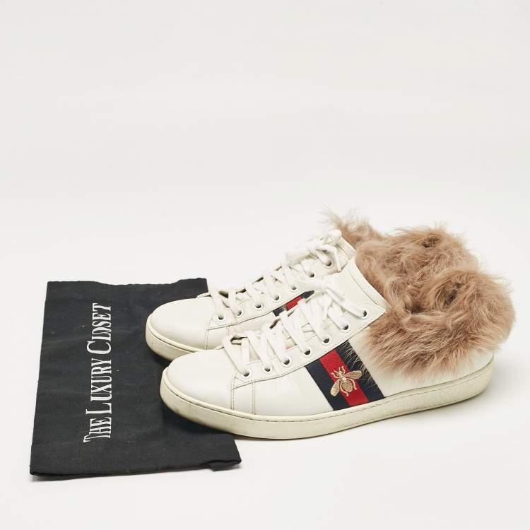 Pre Owned Gucci White Fur and Leather Ace Low Top Sneakers Size 40