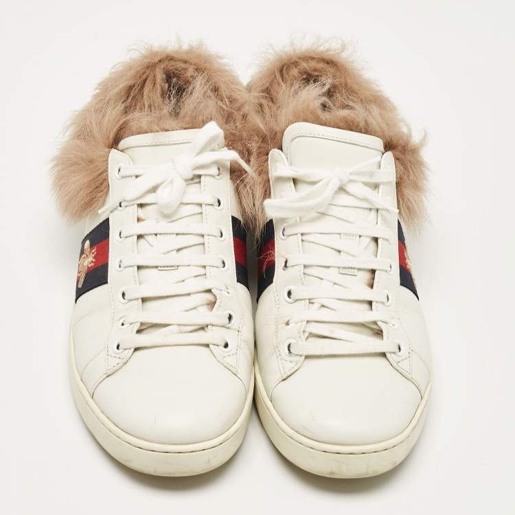 Pre Owned Gucci White Fur and Leather Ace Low Top Sneakers Size 40
