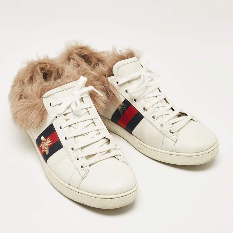 Pre Owned Gucci White Fur and Leather Ace Low Top Sneakers Size 40