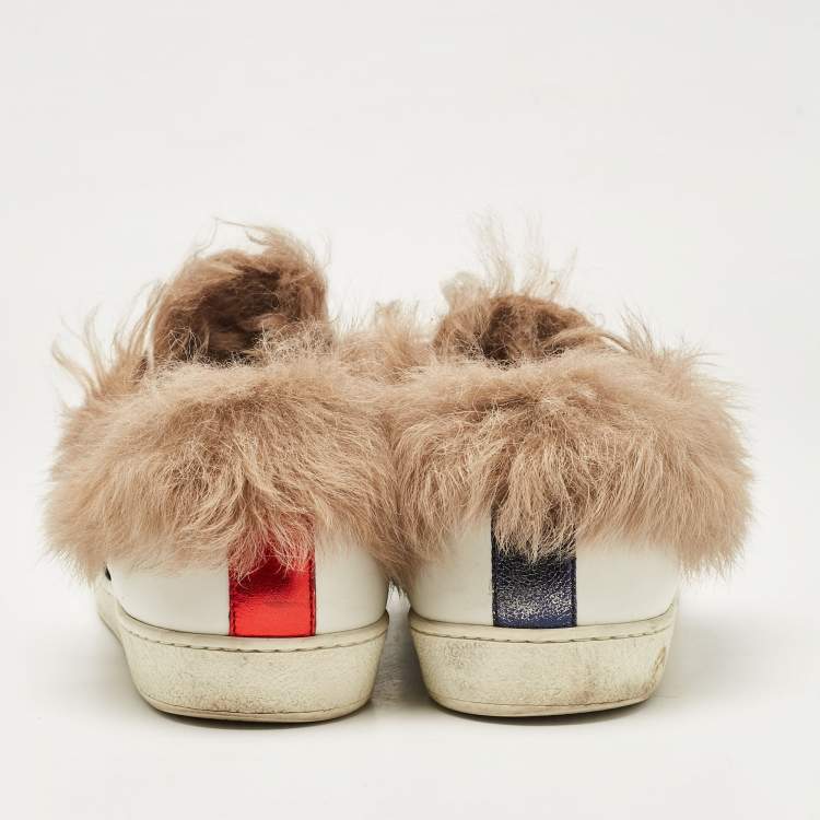 Pre Owned Gucci White Fur and Leather Ace Low Top Sneakers Size 40