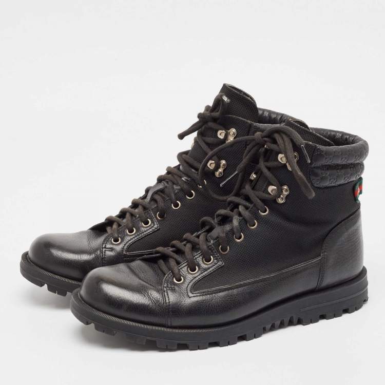 Pre Owned Gucci Black Leather and Mesh Combat Boots Size 43.5