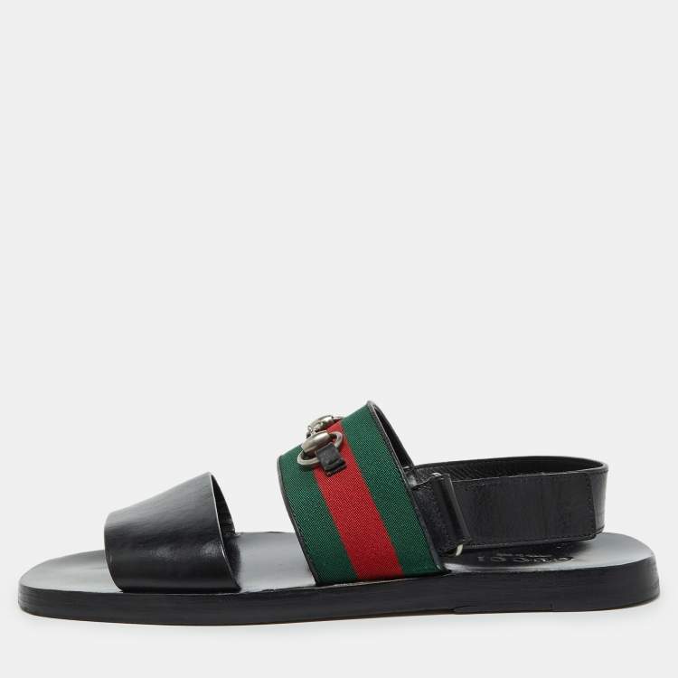 Pre Owned Gucci Black Leather Horsebit Web Flat Sandals Size 42