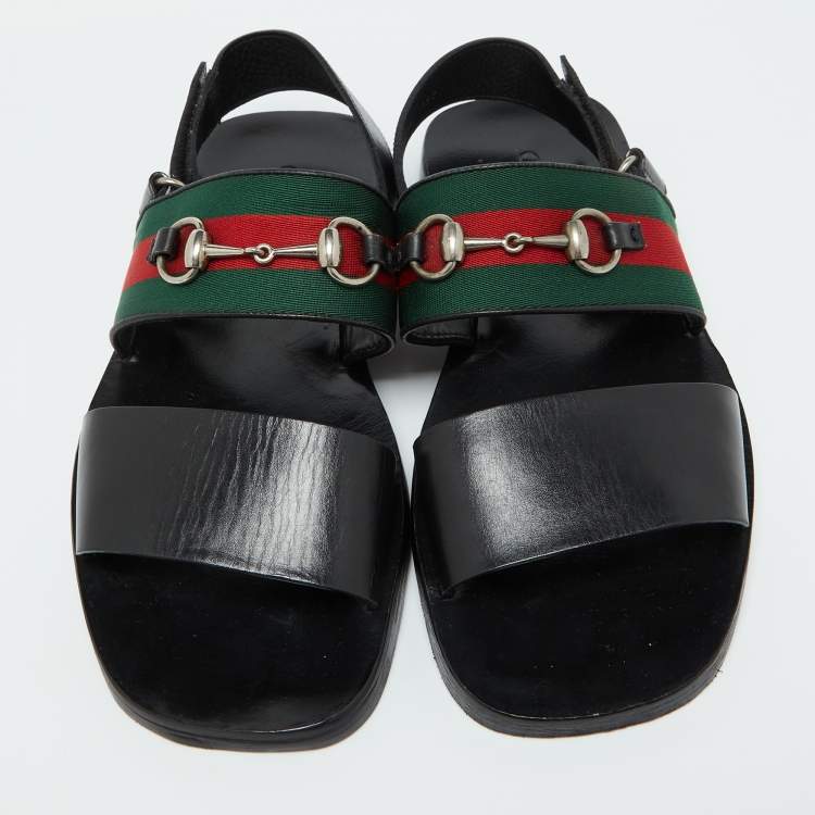 Pre Owned Gucci Black Leather Horsebit Web Flat Sandals Size 42