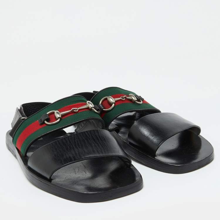 Pre Owned Gucci Black Leather Horsebit Web Flat Sandals Size 42