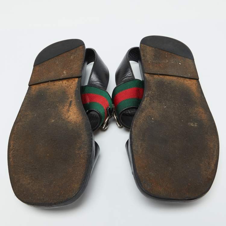 Pre Owned Gucci Black Leather Horsebit Web Flat Sandals Size 42