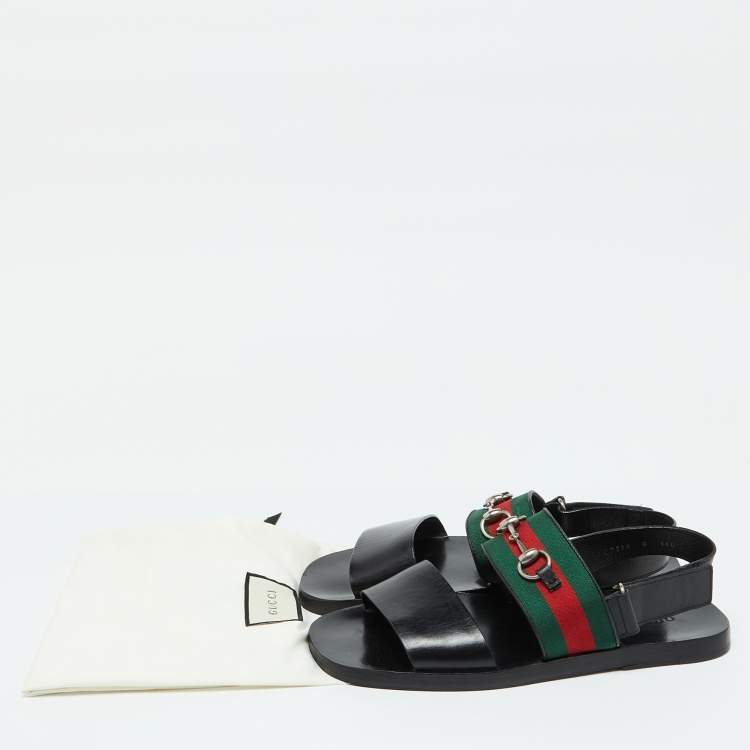 Pre Owned Gucci Black Leather Horsebit Web Flat Sandals Size 42