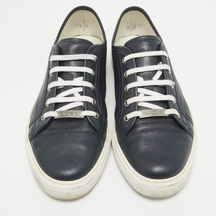Pre Owned Gucci Navy Blue Leather Lace Up Sneakers Size 44