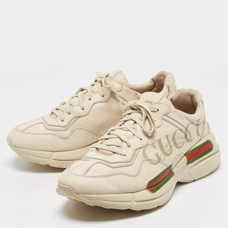 Pre Owned Gucci Cream Leather Vintage Logo Rhyton Sneakers Size 44.5