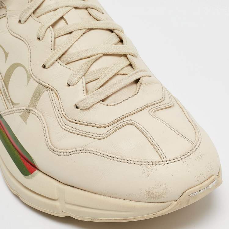 Pre Owned Gucci Cream Leather Vintage Logo Rhyton Sneakers Size 44.5