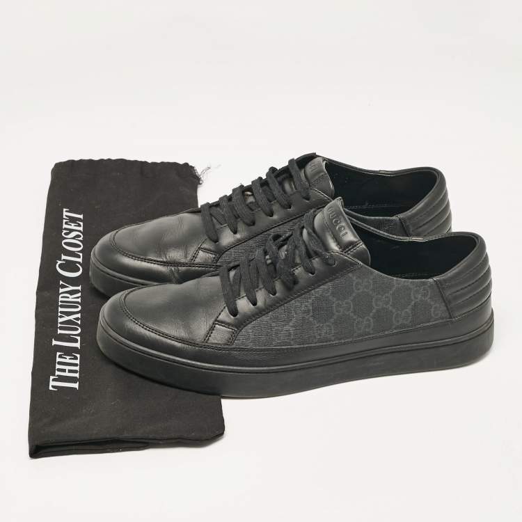 Pre Owned Gucci Black/Grey GG Canvas and Leather Low Top Sneakers Size 44