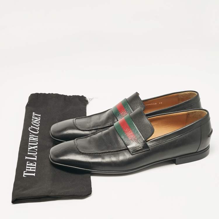 Pre Owned  Change the title to Gucci Black Leather Web Slip On Loafers Size 44